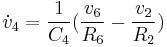 \dot{v}_4 = {1 \over C_4} ({v_6 \over R_6} - {v_2 \over R_2}) 