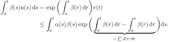 \begin{align}\int_a^t\beta(s)u(s)\,\mathrm{d}s
&=\exp\biggl(\int_a^t\beta(r)\,\mathrm{d}r\biggr)v(t)\\
&\le\int_a^t\alpha(s)\beta(s)\exp\biggl(\underbrace{\int_a^t\beta(r)\,\mathrm{d}r-\int_a^s\beta(r)\,\mathrm{d}r}_{=\,\int_s^t\beta(r)\,\mathrm{d}r}\biggr)\mathrm{d}s.
\end{align}