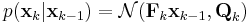  p(\textbf{x}_k | \textbf{x}_{k-1}) = \mathcal{N}(\textbf{F}_k\textbf{x}_{k-1}, \textbf{Q}_k)