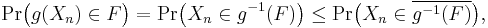 
    \operatorname{Pr}\big(g(X_n)\in F\big) = \operatorname{Pr}\big(X_n\in g^{-1}(F)\big) \leq \operatorname{Pr}\big(X_n\in \overline{g^{-1}(F)}\big),
  