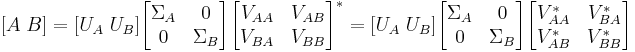 [A\; B] = [U_A\; U_B] \begin{bmatrix}\Sigma_A &0 \\ 0 & \Sigma_B\end{bmatrix}\begin{bmatrix}V_{AA} & V_{AB} \\ V_{BA} & V_{BB}\end{bmatrix}^* =  [U_A\; U_B] \begin{bmatrix}\Sigma_A &0 \\ 0 & \Sigma_B\end{bmatrix} \begin{bmatrix} V_{AA}^* & V_{BA}^* \\ V_{AB}^* & V_{BB}^*\end{bmatrix}