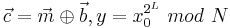 {\vec c} = {\vec m} \oplus {\vec b}, y=x_{0}^{2^{L}}~mod~N