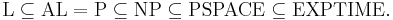 \mbox{L} \subseteq \mbox{AL} = \mbox{P} \subseteq \mbox{NP} \subseteq \mbox{PSPACE} \subseteq \mbox{EXPTIME}.