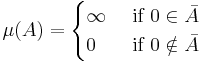  \mu (A)= \begin{cases} \infty & \mbox { if } 0 \in \bar A \\ 
                               0 & \mbox { if } 0 \notin \bar A
\end{cases}