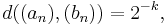 d((a_n), (b_n)) = 2^{-k},\,\!