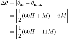 \begin{align}
\Delta\theta
 &= \left|\theta_{\text{hr}} - \theta_{\text{min.}}\right| \\
 &= \left|\frac{1}{2}(60H %2B M) - 6M\right|\\
 &= \left|\frac{1}{2}(60H - 11M)\right|
\end{align}