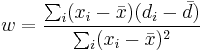 w=\frac{\sum_i(x_i - \bar x)(d_i - \bar d)}{\sum_i(x_i - \bar x)^2}