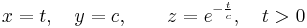  x =t, \quad y= c,  \qquad z = e^{-{t \over c}},  \quad t > 0 