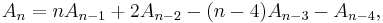 \displaystyle A_n = n A_{n-1} %2B 2 A_{n-2} - (n-4)A_{n-3} - A_{n-4},