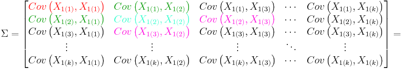 \Sigma=\begin{bmatrix} 
{\color{Red}Cov \left (X_{1(1)},X_{1(1)} \right)} & {\color{OliveGreen}Cov \left (X_{1(1)},X_{1(2)} \right)} & Cov \left (X_{1(1)},X_{1(3)} \right) & \cdots & Cov \left (X_{1(1)},X_{1(k)} \right) \\
{\color{OliveGreen}Cov \left (X_{1(2)},X_{1(1)} \right)} & {\color{Turquoise}Cov \left (X_{1(2)},X_{1(2)} \right)} & {\color{RubineRed}Cov \left (X_{1(2)},X_{1(3)} \right)} & \cdots & Cov \left (X_{1(2)},X_{1(k)} \right) \\
Cov \left (X_{1(3)},X_{1(1)} \right) & {\color{RubineRed}Cov \left (X_{1(3)},X_{1(2)} \right)} & Cov \left (X_{1(3)},X_{1(3)} \right) & \cdots & Cov \left (X_{1(3)},X_{1(k)} \right) \\ 
\vdots & \vdots & \vdots & \ddots & \vdots \\ 
Cov \left (X_{1(k)},X_{1(1)} \right) & Cov \left (X_{1(k)},X_{1(2)} \right) & Cov \left (X_{1(k)},X_{1(3)} \right) & \cdots & Cov \left (X_{1(k)},X_{1(k)} \right) \\
\end{bmatrix}=