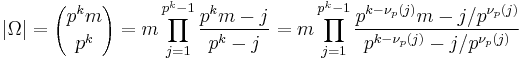 |\Omega | ={p^km \choose p^k} = m \prod_{j=1}^{p^k - 1} \frac{p^k m - j}{p^k - j} 
= m \prod_{j=1}^{p^{k} - 1} \frac{p^{k - \nu_p(j)} m - j/p^{\nu_p(j)}}{p^{k - \nu_p(j)} - j/p^{\nu_p(j)}} 
