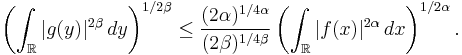 \left(\int_{\mathbb R} |g(y)|^{2\beta}\,dy\right)^{1/2\beta}
       \le \frac{(2\alpha)^{1/4\alpha}}{(2\beta)^{1/4\beta}}
       \left(\int_{\mathbb R} |f(x)|^{2\alpha}\,dx\right)^{1/2\alpha}.
