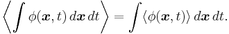 
\left\langle \int \phi( \boldsymbol{x}, t ) \, d \boldsymbol{x} \, dt \right\rangle = \int \langle \phi(\boldsymbol{x},t) \rangle \, d \boldsymbol{x} \, dt.
