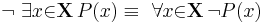 \lnot\ \exists{x}{\in}\mathbf{X}\, P(x) \equiv\ \forall{x}{\in}\mathbf{X}\, \lnot P(x)