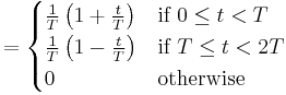 = \begin{cases}
\frac{1}{T} \left( 1 %2B \frac{t}{T} \right) & \mbox{if } 0 \le t < T  \\
\frac{1}{T} \left( 1 - \frac{t}{T} \right) & \mbox{if } T \le t < 2T  \\
0           & \mbox{otherwise}
\end{cases} \ 