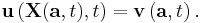 \mathbf{u}\left(\mathbf{X}(\mathbf{a},t),t \right) = \mathbf{v}\left(\mathbf{a},t \right).