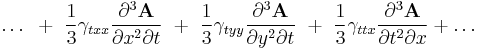 
\ldots 
~%2B~ \frac{1}{3} \gamma_{t x x } \frac{\partial^3 \textbf{A} }{ \partial x^2 \partial t}
~%2B~ \frac{1}{3} \gamma_{t y y } \frac{\partial^3 \textbf{A} }{ \partial y^2 \partial t}
~%2B~ \frac{1}{3} \gamma_{t t x } \frac{\partial^3 \textbf{A} }{ \partial t^2 \partial x} %2B \ldots
