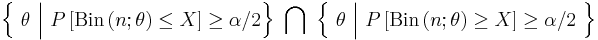 \left \{\ \theta \ \Big| \ P  \left [ \mathrm{Bin} \left ( n; \theta \right ) \le X \right ] \ge \alpha /2 \right \}\ \bigcap\ \left \{\ \theta\ \Big|\ P  \left [ \mathrm{Bin} \left ( n; \theta \right ) \ge X \right ] \ge \alpha /2 \ \right \}