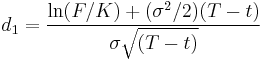 d_{1}=\frac{\ln(F/K)%2B(\sigma^{2}/2)(T-t)}{\sigma\sqrt{(T-t)}}