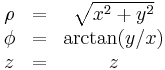 \begin{matrix}
    \rho & = & \sqrt{x^2%2By^2} \\
    \phi & = & \arctan(y/x) \\
       z & = & z \end{matrix}