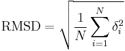 \mathrm{RMSD}=\sqrt{\frac{1}{N}\sum_{i=1}^N\delta_i^2}