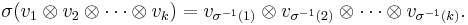  \sigma(v_1\otimes v_2\otimes\cdots\otimes v_k) = v_{\sigma^{-1}(1)}\otimes v_{\sigma^{-1}(2)}\otimes\cdots\otimes v_{\sigma^{-1}(k)}.