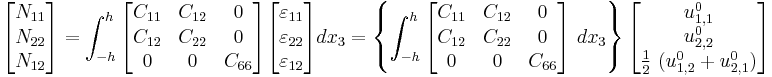 
   \begin{bmatrix}N_{11} \\ N_{22} \\ N_{12} \end{bmatrix} =
   \int_{-h}^h \begin{bmatrix} C_{11} & C_{12} & 0 \\ C_{12} & C_{22} & 0 \\
                   0 & 0 & C_{66} \end{bmatrix}
   \begin{bmatrix}\varepsilon_{11} \\ \varepsilon_{22} \\ \varepsilon_{12} \end{bmatrix}
    dx_3 = \left\{
   \int_{-h}^h \begin{bmatrix} C_{11} & C_{12} & 0 \\ C_{12} & C_{22} & 0 \\
                   0 & 0 & C_{66} \end{bmatrix}~dx_3 \right\}
   \begin{bmatrix} u^0_{1,1} \\ u^0_{2,2} \\ \frac{1}{2}~(u^0_{1,2}%2Bu^0_{2,1}) \end{bmatrix}
