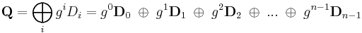 
\mathbf{Q} = \bigoplus_i{g^iD_i} = g^0\mathbf{D}_0 \;\oplus\; g^1\mathbf{D}_1 \;\oplus\; g^2\mathbf{D}_2 \;\oplus\; ... \;\oplus\; g^{n-1}\mathbf{D}_{n-1}
