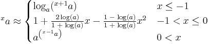 {}^{x}a \approx \begin{cases}
\log_a({}^{x%2B1}a) & x \le -1 \\
1 %2B \frac{2\log(a)}{1 \;%2B\; \log(a)}x - \frac{1 \;-\; \log(a)}{1 \;%2B\; \log(a)}x^2 & -1 < x \le 0 \\
a^{\left({}^{x-1}a\right)} & 0 < x
\end{cases}