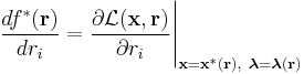 \frac{d f^*(\bold r)}{d r_i} = \frac{\partial \mathcal{L}(\bold x,\bold r)}{\partial r_i} \Bigg|_{ \bold x = \bold x^*(\bold r), \ \boldsymbol{\lambda} = \boldsymbol{\lambda}(\bold r) }