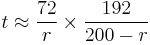  t \approx \frac{72}{r} \times \frac{192}{200-r}