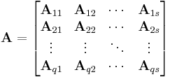 
\mathbf{A} = \begin{bmatrix}
\mathbf{A}_{11} & \mathbf{A}_{12} & \cdots &\mathbf{A}_{1s}\\
\mathbf{A}_{21} & \mathbf{A}_{22} & \cdots &\mathbf{A}_{2s}\\
\vdots          & \vdots          & \ddots &\vdots \\
\mathbf{A}_{q1} & \mathbf{A}_{q2} & \cdots &\mathbf{A}_{qs}\end{bmatrix}