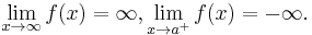  \lim_{x \to \infty}f(x) = \infty, \lim_{x \to a^%2B}f(x) = -\infty. \, 