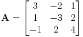 \mathbf A = \begin{bmatrix}
3 & -2 & 1\\
1 & -3 & 2\\
-1 & 2 & 4\end{bmatrix}
