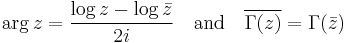 \arg z = \frac{\log z - \log\bar z}{2i}\quad\text{and}\quad\overline{\Gamma(z)}=\Gamma(\bar z)