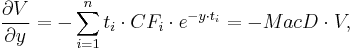  \frac{\partial V}{\partial y} = - \sum_{i=1}^{n} t_i \cdot CF_i \cdot e^{-y \cdot t_i} = - MacD \cdot V,