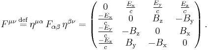 F^{\mu \nu} \, \stackrel{\mathrm{def}}{=} \, \eta^{\mu \alpha} \, F_{\alpha \beta} \, \eta^{\beta \nu} = \left( \begin{matrix}
0 &  \frac{E_\mathrm{x}}{c} &  \frac{E_\mathrm{y}}{c} &  \frac{E_\mathrm{z}}{c} \\
\frac{-E_\mathrm{x}}{c} & 0 & B_\mathrm{z} & -B_\mathrm{y} \\
\frac{-E_\mathrm{y}}{c}  & -B_\mathrm{z} & 0 & B_\mathrm{x} \\
\frac{-E_\mathrm{z}}{c} & B_\mathrm{y} & -B_\mathrm{x} & 0
\end{matrix} \right).