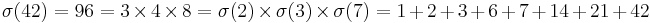 \sigma (42) = 96 = 3 \times 4 \times 8 = \sigma (2) \times \sigma (3) \times \sigma (7) = 1%2B2%2B3%2B6%2B7%2B14%2B21%2B42