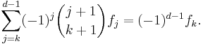 \sum_{j=k}^{d-1} (-1)^{j} \binom{j%2B1}{k%2B1}  f_j = (-1)^{d-1}f_k. 