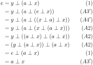 
\begin{align}
e & = y \perp (a \perp x)             &\quad (1)   \\
  & = y \perp (a \perp (e \perp x))       &\quad (A3') \\
  & = y \perp (a \perp ((x \perp a) \perp x)) &\quad (A4') \\
  & = y \perp (a \perp (x \perp (a \perp x))) &\quad (A2)  \\
  & = y \perp ((a \perp x) \perp (a \perp x)) &\quad (A2)  \\
  & = (y \perp (a \perp x)) \perp (a \perp x) &\quad (A2)  \\
  & = e \perp (a \perp x)             &\quad (1)   \\
  & = a \perp x                   &\quad (A3') \\
\end{align}
