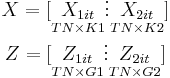 
\begin{array}
[c]{c}
X=[\underset{TN\times K1}{X_{1it}}\vdots\underset{TN\times K2}{X_{2it}}]\\
Z=[\underset{TN\times G1}{Z_{1it}}\vdots\underset{TN\times G2}{Z_{2it}}]
\end{array}
