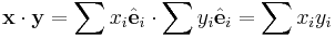 \mathbf x \cdot \mathbf y = \sum x_i \hat{\mathbf e}_i \cdot \sum y_i \hat{\mathbf e}_i = \sum x_i y_i