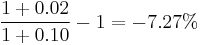  \frac{1 %2B 0.02}{1 %2B 0.10} - 1 = -7.27\%