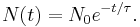 N(t) = N_0 e^{-t/\tau}. \,