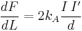 \frac{dF}{dL} = 2 k_A\frac{I \, I^\prime}{d}