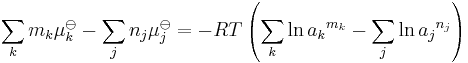 \sum_k m_k\mu_k^\ominus-\sum_j n_j\mu_j^\ominus =-RT  \left(\sum_k  \ln {a_k}^{m_k}-\sum_j \ln {a_j}^{n_j}\right)