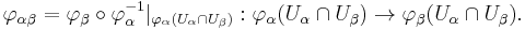 \varphi_{\alpha\beta} = \varphi_\beta\circ\varphi_\alpha^{-1}|_{\varphi_\alpha(U_\alpha\cap U_\beta)}�: \varphi_\alpha(U_\alpha\cap U_\beta) \to \varphi_\beta(U_\alpha\cap U_\beta).