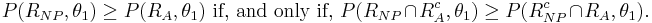 P(R_{NP},\theta_1) \geq P(R_A,\theta_1) \text{ if, and only if, }
P(R_{NP} \cap R_A^c, \theta_1) \geq P(R_{NP}^c \cap R_A, \theta_1). 