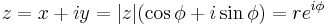  z = x %2B iy = |z| (\cos \phi %2B i\sin \phi ) = r e^{i \phi} \ 