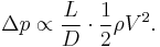 \Delta p \propto \frac{L}{D} \cdot \frac{1}{2}\rho V^2.